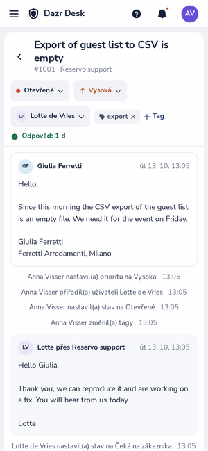 Tiket v Dazr Desk na telefonu
