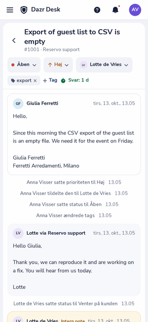 En sag i Dazr Desk på en telefon