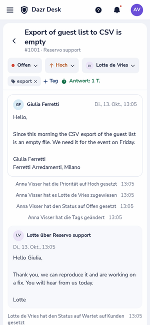 Ein Ticket in Dazr Desk auf einem Smartphone