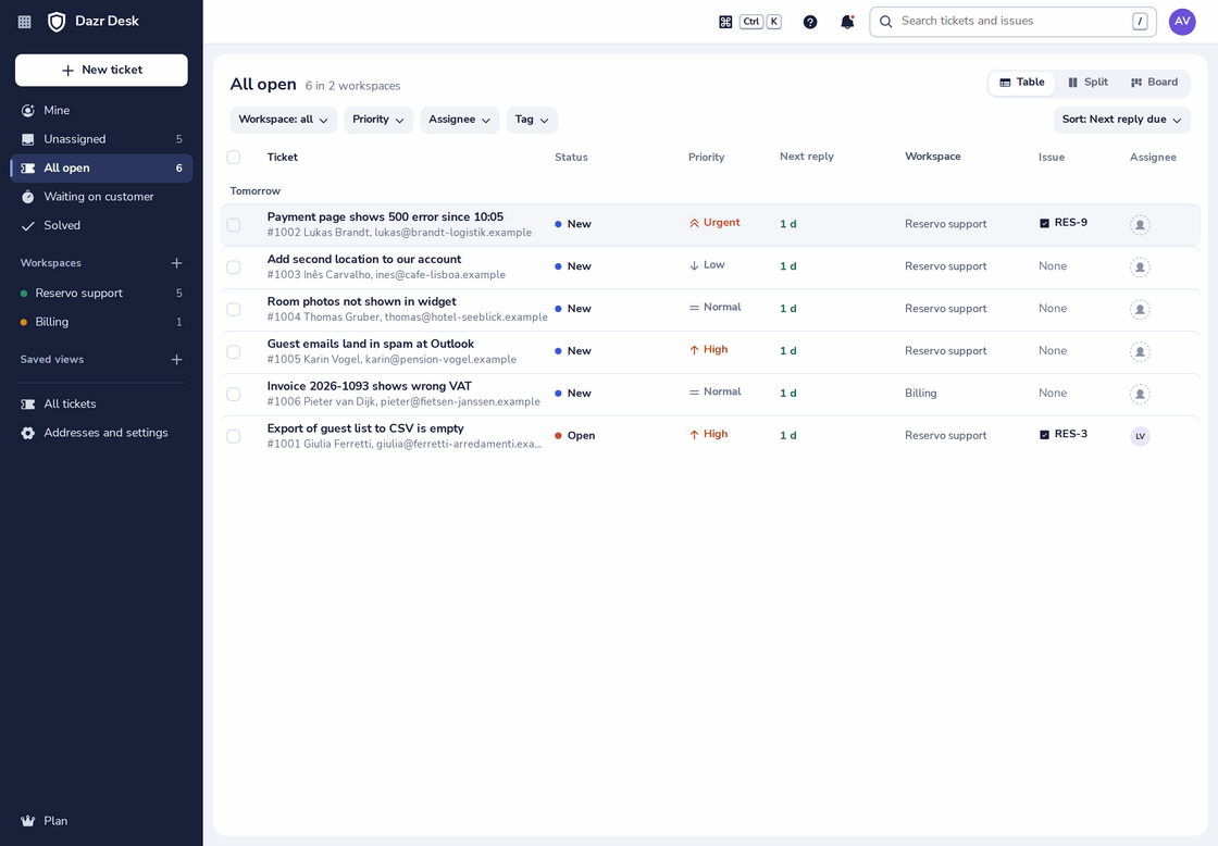 The helpdesk in Dazr Desk: open tickets from two workspaces, sorted by when the next reply is due