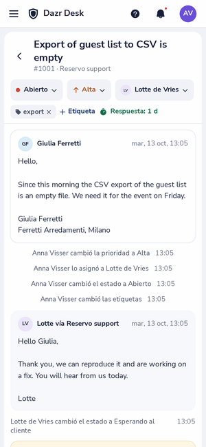 Un ticket de Dazr Desk en un teléfono
