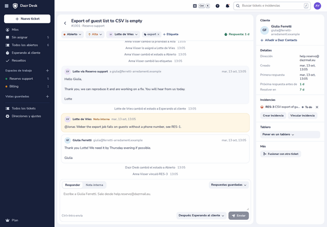 Un ticket en Dazr Desk: el correo del cliente, la respuesta enviada desde la dirección de soporte, una nota interna y la incidencia vinculada