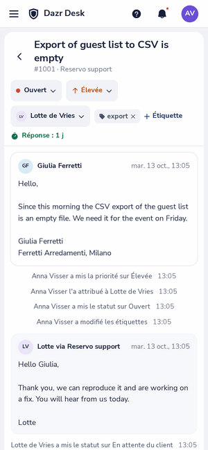 Un ticket de Dazr Desk sur un téléphone