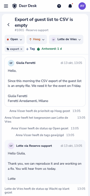 Een ticket in Dazr Desk op een telefoon