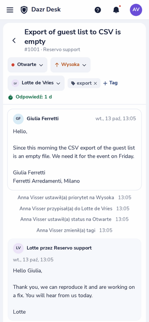 Zgłoszenie w Dazr Desk na telefonie