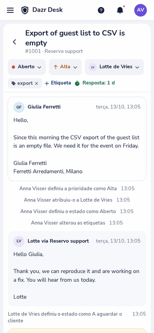 Um ticket do Dazr Desk num telemóvel