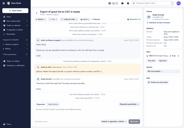 Um ticket no Dazr Desk: o e-mail do cliente, a resposta enviada a partir do endereço de suporte, uma nota interna e o item ligado