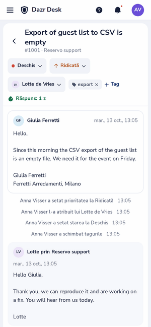 Un tichet din Dazr Desk pe un telefon