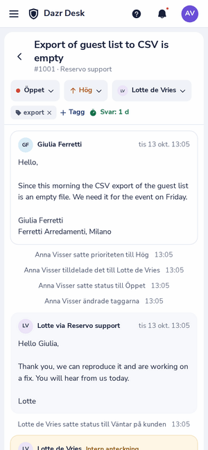 Ett ärende i Dazr Desk på en telefon